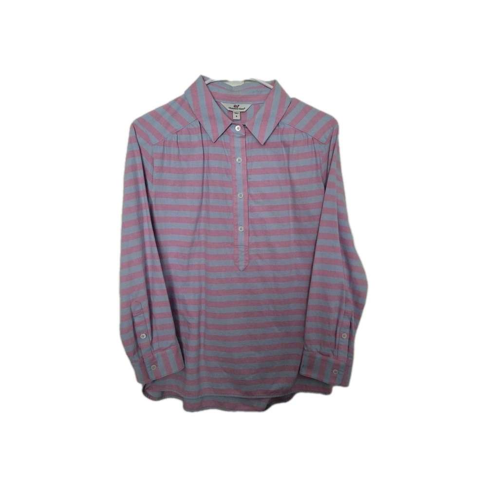 Vineyard Vines Popover Shirt Womens 4 Pink Blue Striped Cotton Long Sleeve